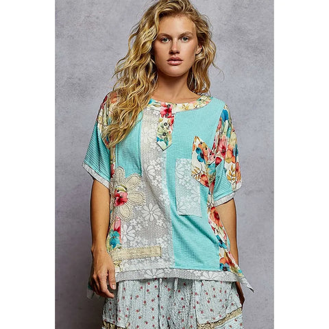 Round Neck Short Sleeve Floral Knit Rib Top