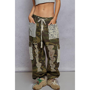 Vintage Wash Crochet Patches Distress Jogger Pants : Camo