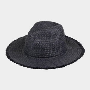 Frayed Solid Straw Sun Hat: Black