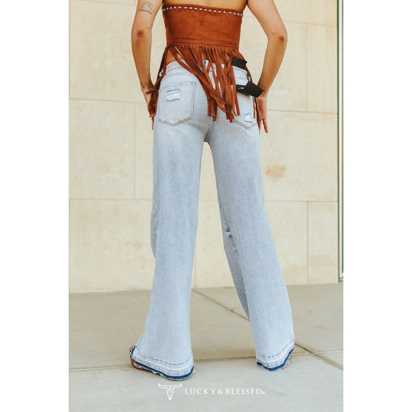 Vintage Stone Wash Mid Rise Raw Hem Trouser Jeans