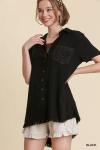 Linen Blend Button Down Chest Crochet Pocket Detail Top with Back Slit & Fringe Hem