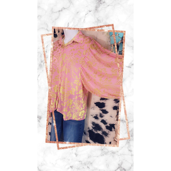 Pink Blouse With Green Velvet Floral Design