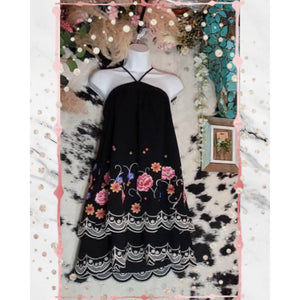 Dress with Criss Cross Neckline, Floral Embroidery on Bottom. Lined, Black