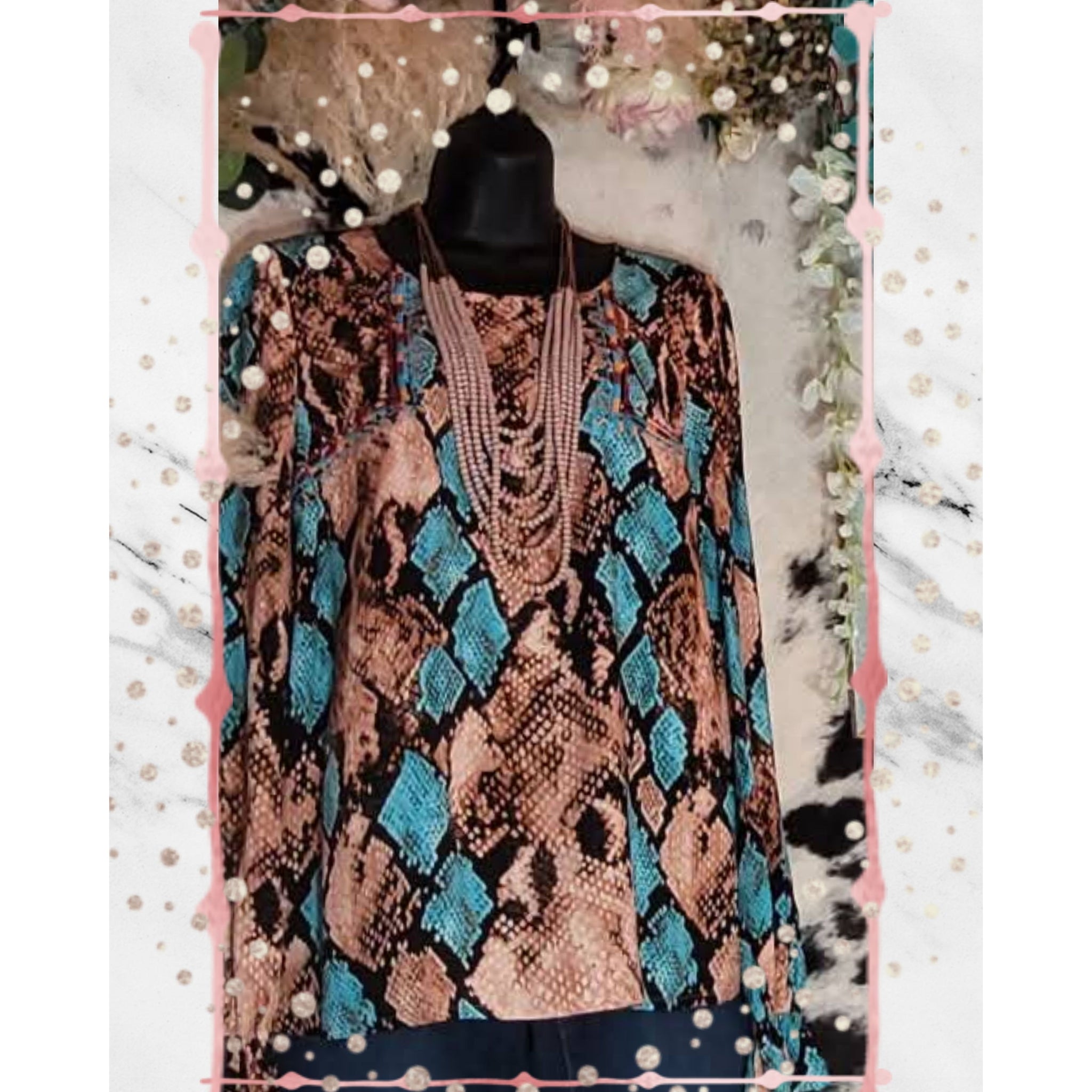 Snake Printed Top with Geo Embroidery Design on Front. Long sleeve, woven