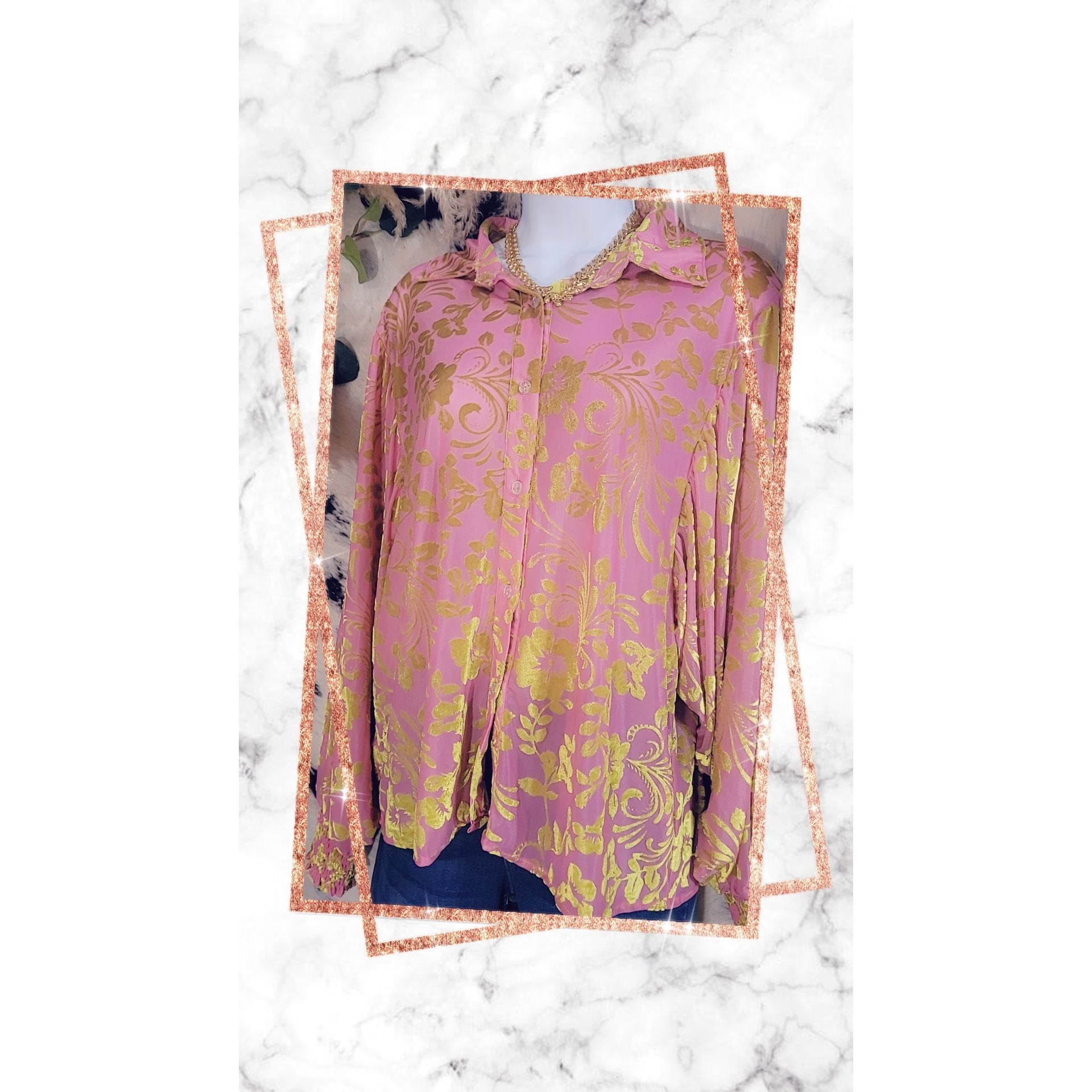 Pink Blouse With Green Velvet Floral Design