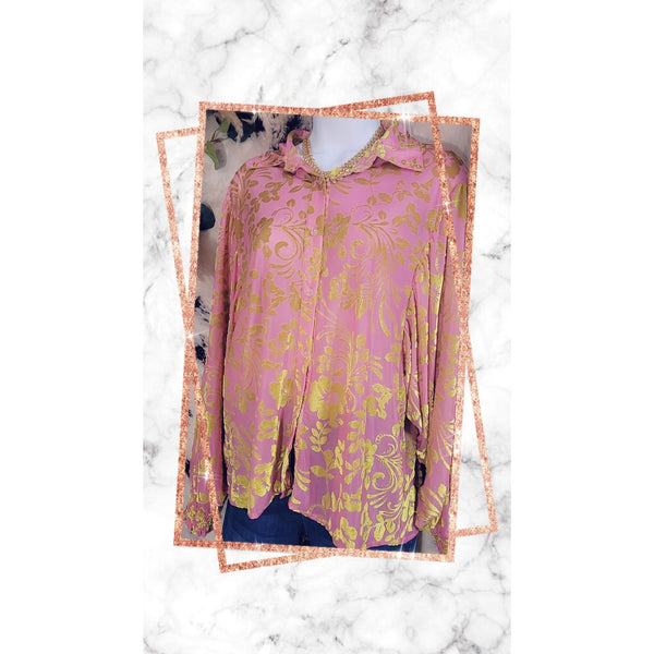 Pink Blouse With Green Velvet Floral Design