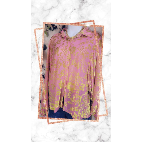Pink Blouse With Green Velvet Floral Design