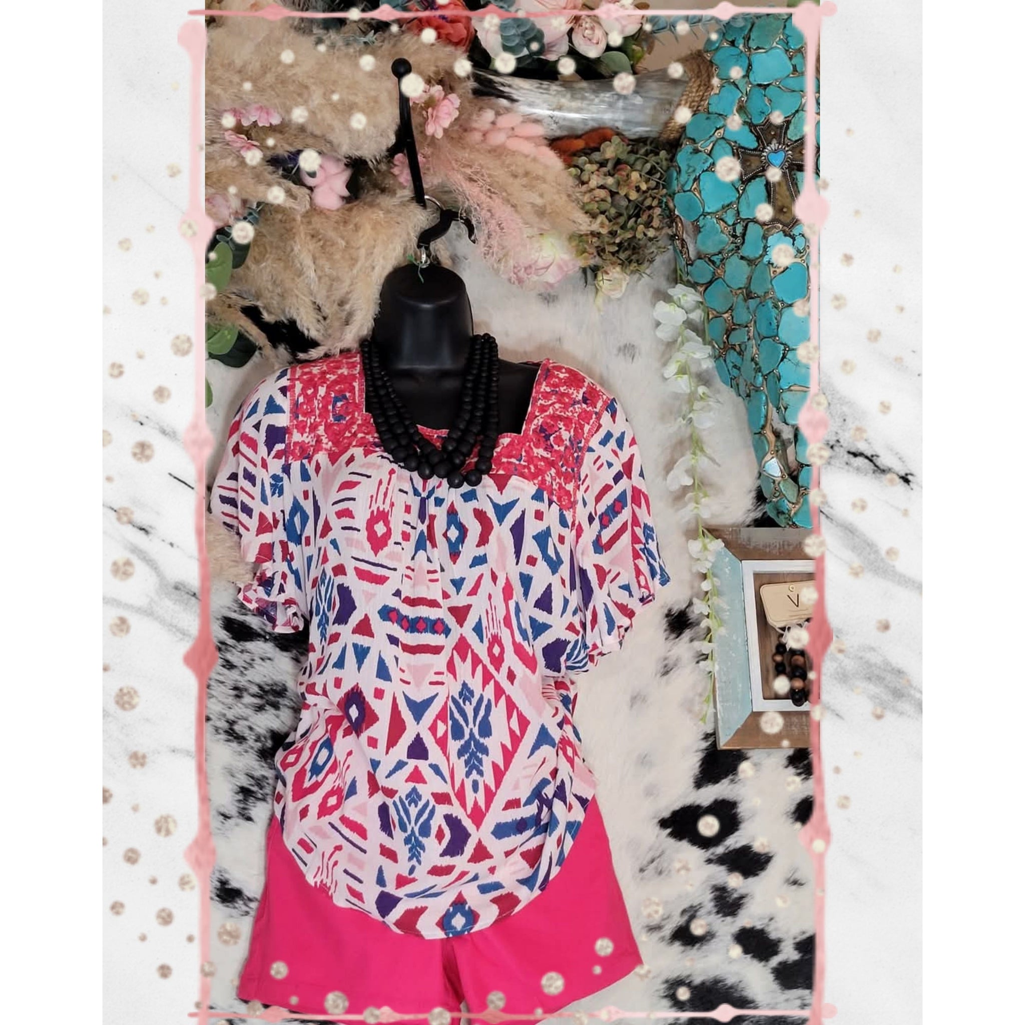 Print top Featuring a Square Neckline, Embroidery Around the Neckline