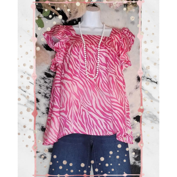 Satin Printed Top with Babydoll Bodice and Flutter Sleeves. Easy Fit, Relaxed, Woven