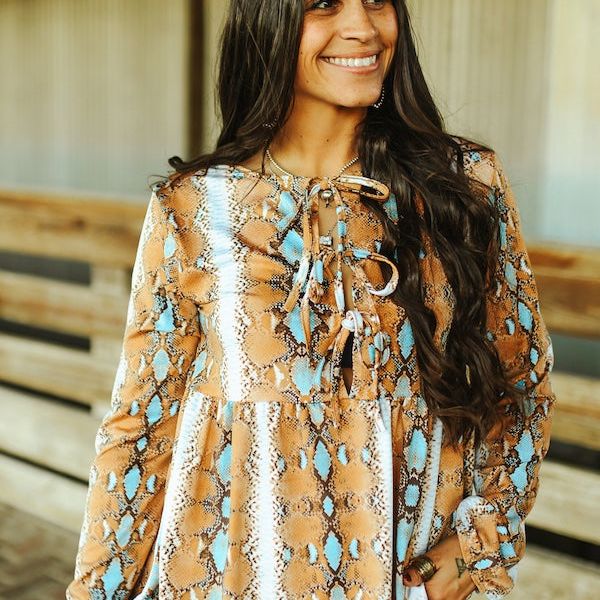 Brown Turquoise Snake Printed Front Tie Slit Blouse