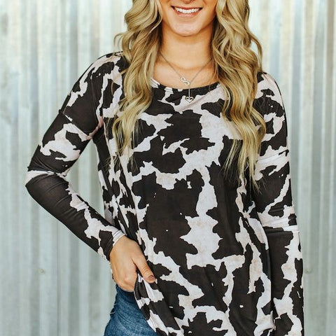 Cow Printed Dolman Long Sleeve Top