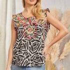 Print Cap Sleeve Top with Round Neckline and Relaxed Fit. Embroidery details on the front