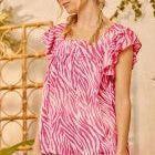 Satin Printed Top with Babydoll Bodice and Flutter Sleeves. Easy Fit, Relaxed, Woven