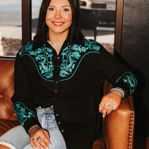 Black Button Down Western Turquoise Embroidered Yoke Sleeve Cuff Top