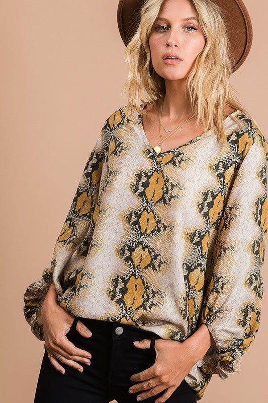 Snakeskin Print Wool Dobby V Neck Top with Bubble Sleeves, Mustard