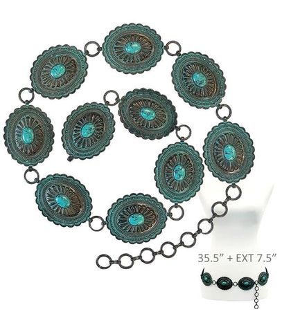 Oval Patina Belt with Turquoise Stones, 35.5 " and 7.5" extender