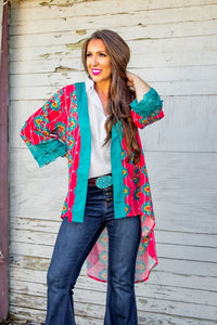 Turquoise & Coral Aztec High-Low Kimono With Lace Trim