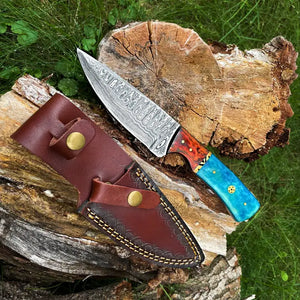 Hand Forged Damascus Drop Style Blade, Black Walnut Scales Hunting Knife with Leather Sheath