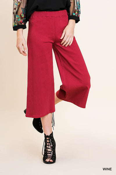 High Waisted Cropped Wide Leg Pants with an Elastic Waistband and Back Pockets