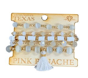 5-strand white wood and shining bead bracelet with tassel, Pink Panache