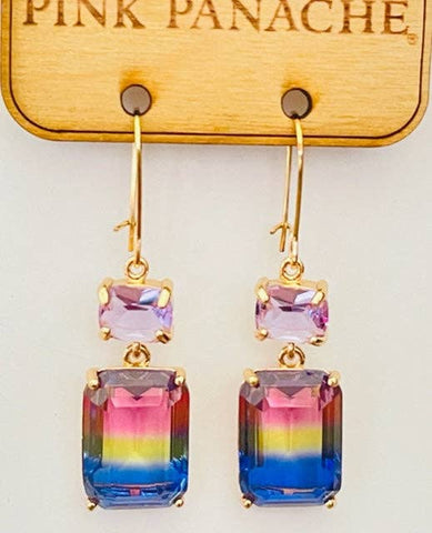 Lavender and rainbow ombre rectangle on rectangle rhinestone earring, Pink Panache
