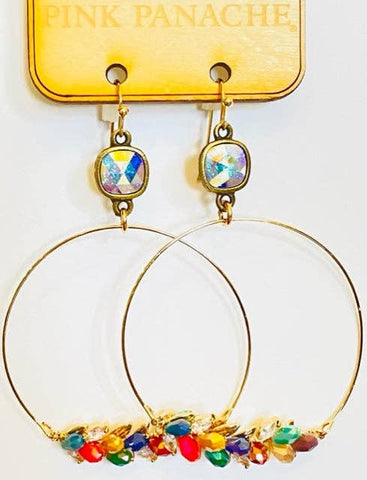 8mm bronze/AB cushion cut connector with gold circle and dark multi-color bead hoop earring, Pink Panache