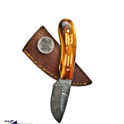 Damascus Blaze Neck Knife with Leather Case