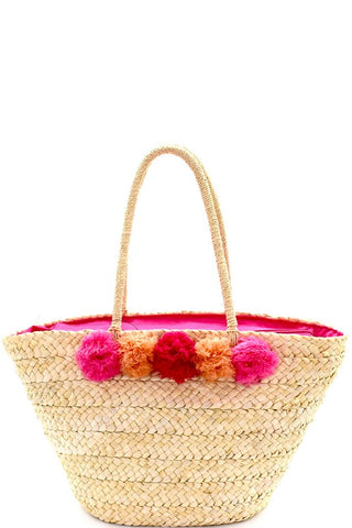 Pom Pom Accent Woven Straw Tote Straw Material