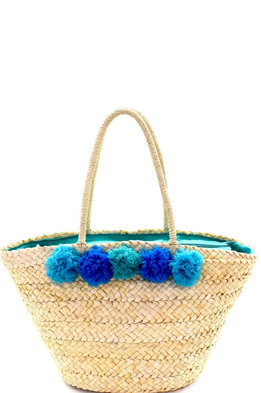 Pom Pom Accent Woven Straw Tote Straw Material