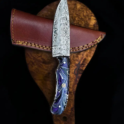 Damascus Steel Black and White Handle Knife with Leather Sheath