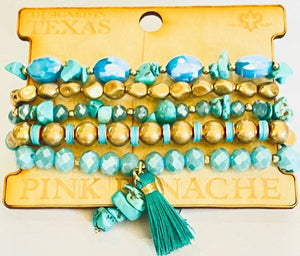 5-strand turquoise chip, aqua and gold bead bracelet with tassel charm, Pink Panache