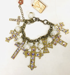 Antique Bronze and AB Crystal Multi-Cross Bracelet