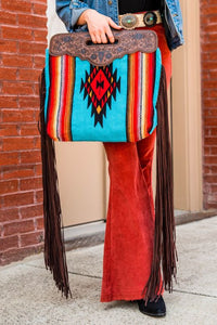 TURQUOISE CANVAS SUEDE FRINGE HANDBAG WITH HANDLE