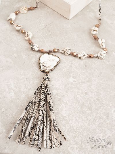 Rock The Look Snakeskin Tassel Necklace With Chunky Stone