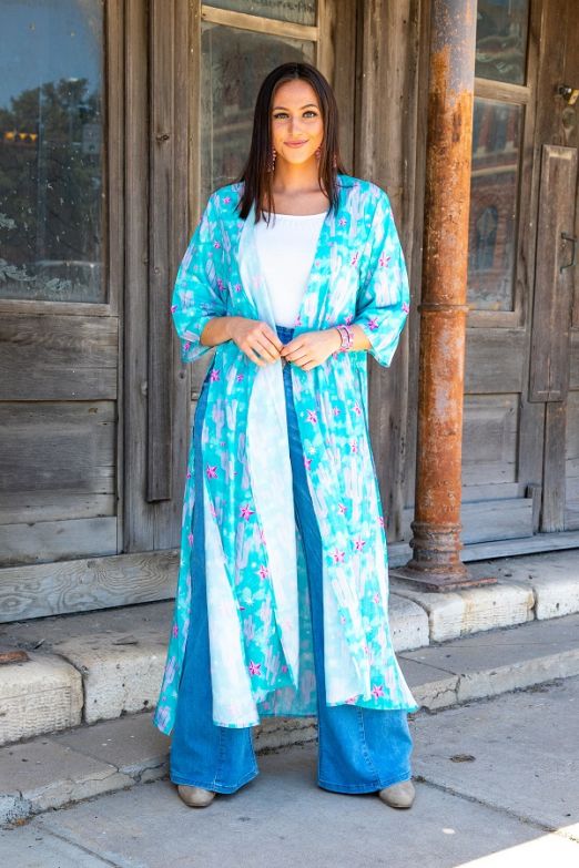 Turquoise Americana Cactus Elbow Sleeve Length Duster with Slits