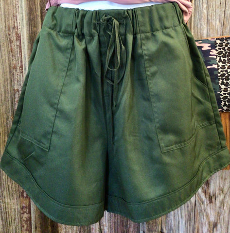 Woven Drawstring Shorts with Pockets, Army Green