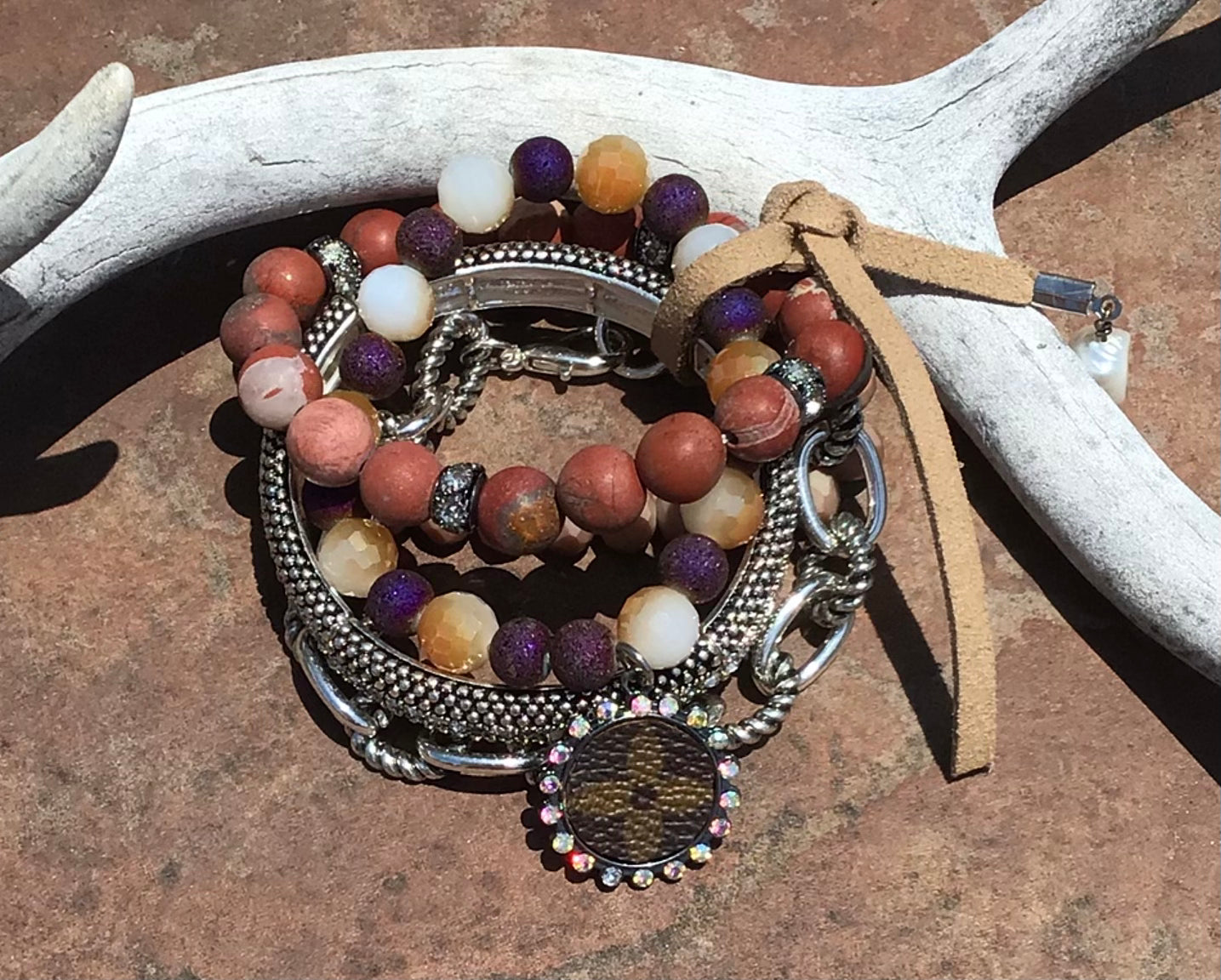 Upcycled LV by ME!!  Bracelet Stack. Purple & Rust