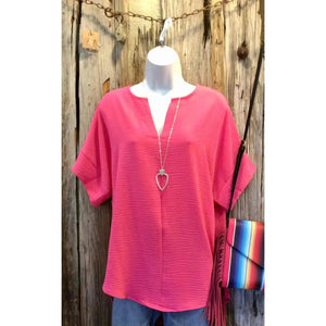 Woven Airflow Split Neck Short Sleeve Top, Fuchsia