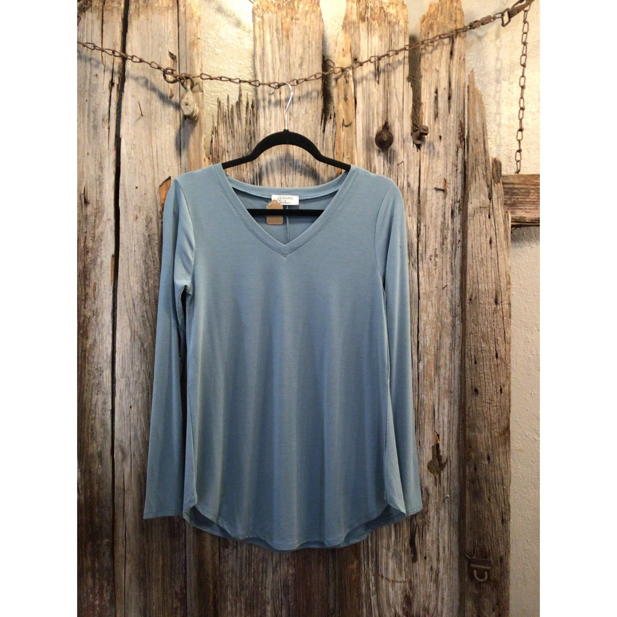 Long Sleeve V-Neck Round Hem Top, Blue Grey