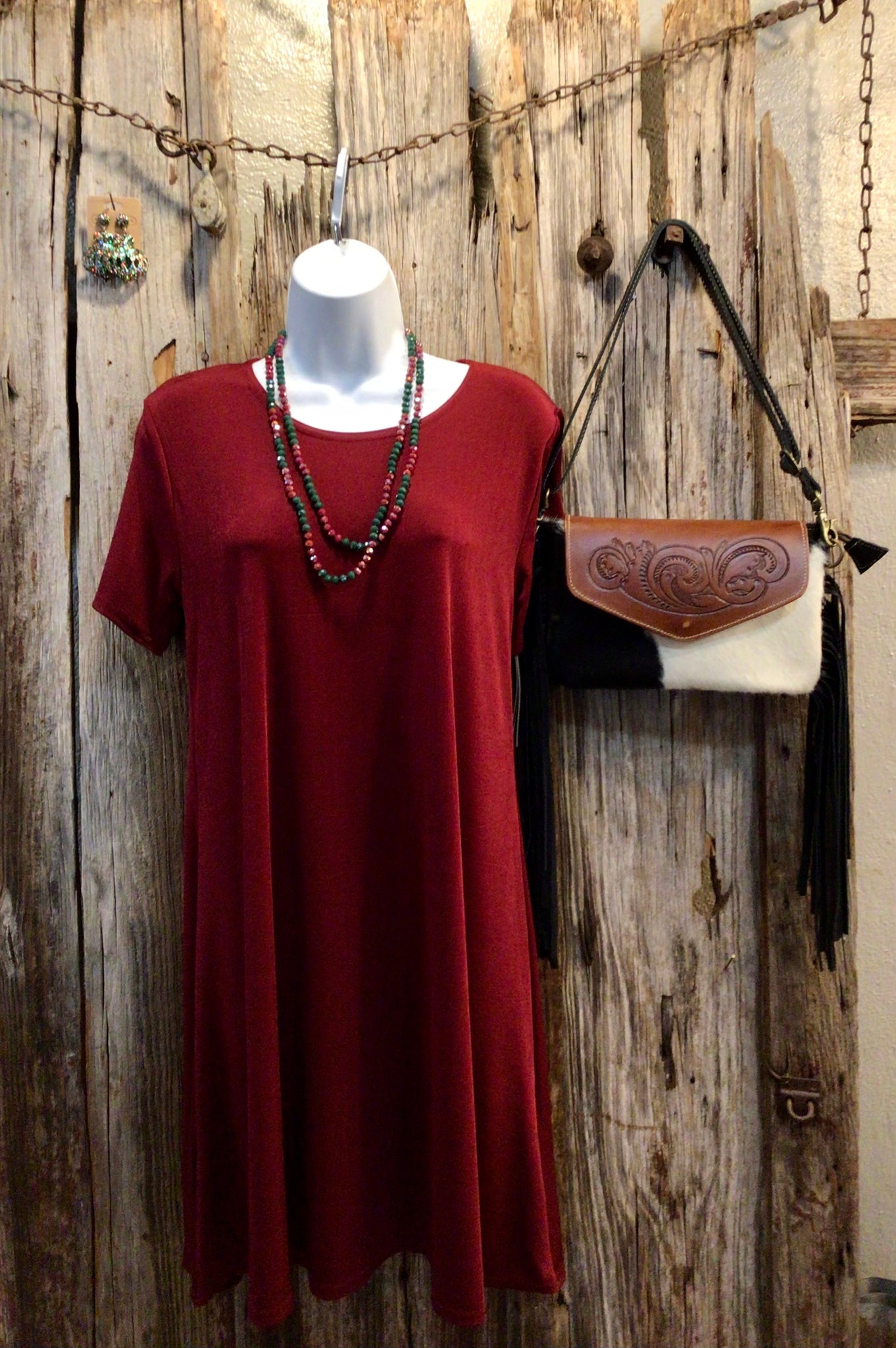 Short Sleeve, Round-Neckline Dress, Burgundy