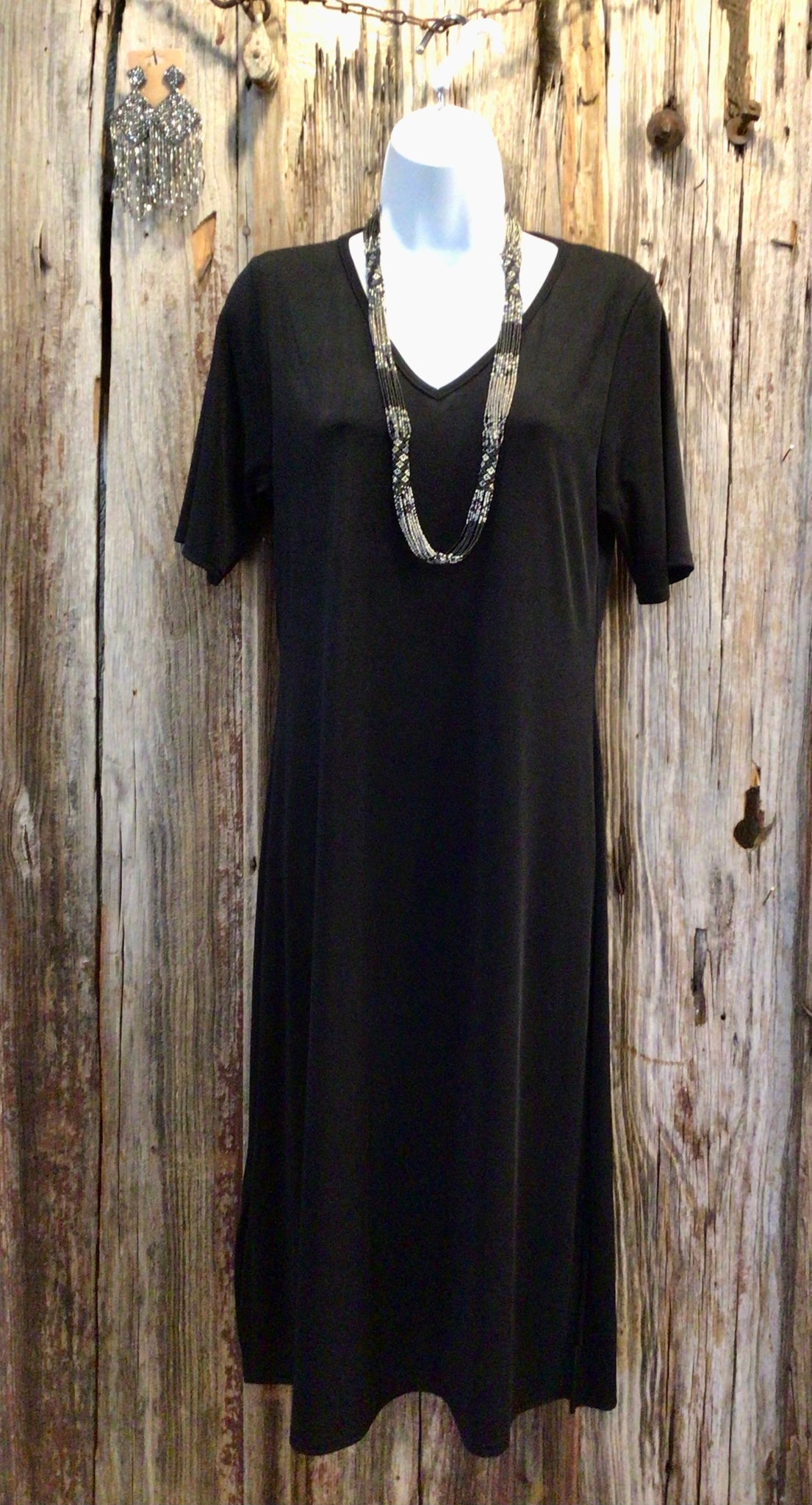 Midi V-Neck Dress With Side Slits, Black
