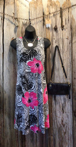Scoop Neckline, Pink Floral, Black & White, Sleeveless Dress