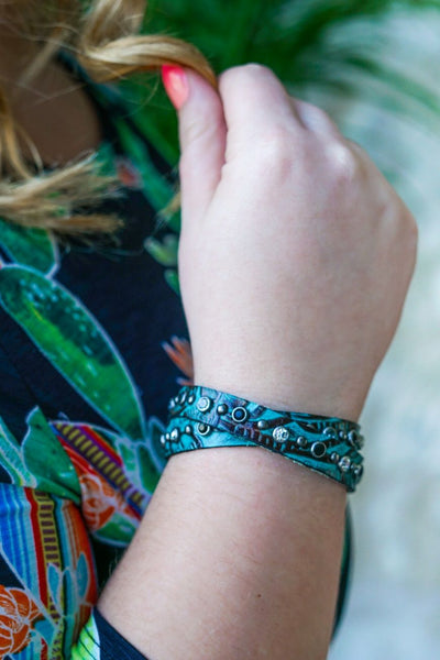 Turquoise Tooled Leather Wrap Bracelet
