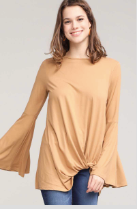 Solid Bell Sleeve Twisted Front Hem Tunic Top- Camel