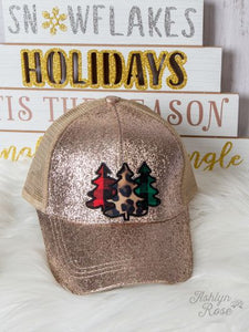 Plaid and leopard Chistmas Trees patch on Champagne gitter ponytail hat