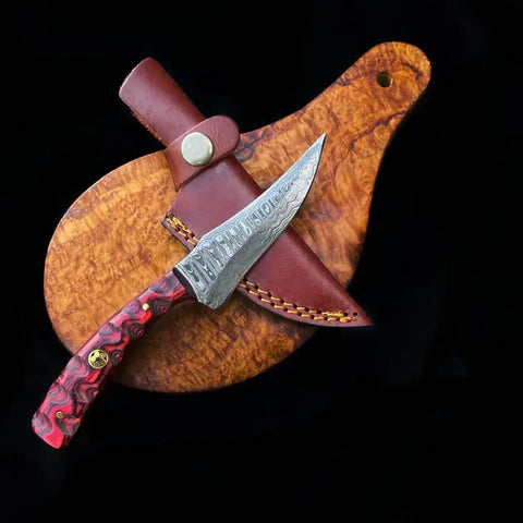 Damascus Steel Red Handle Knife with Leather Sheath