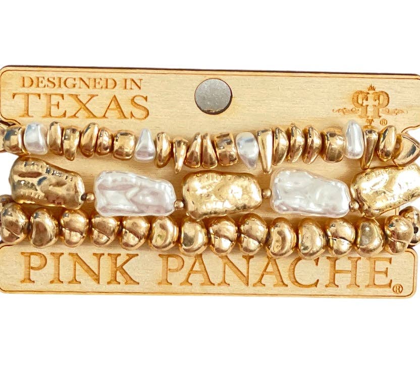 3-strand gold nugget and freshwater pearl bracelet, Pink Panache