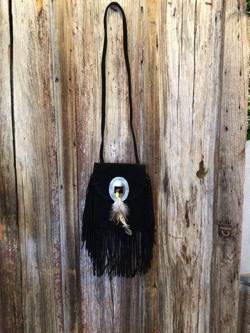 Black Crossbody Purse with Feather Detail