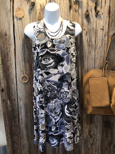 Grey and Blue Flowers Tank Dress