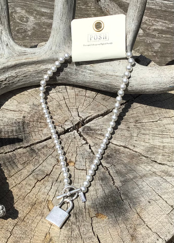 Posh Silver Pearl Necklace with Lock